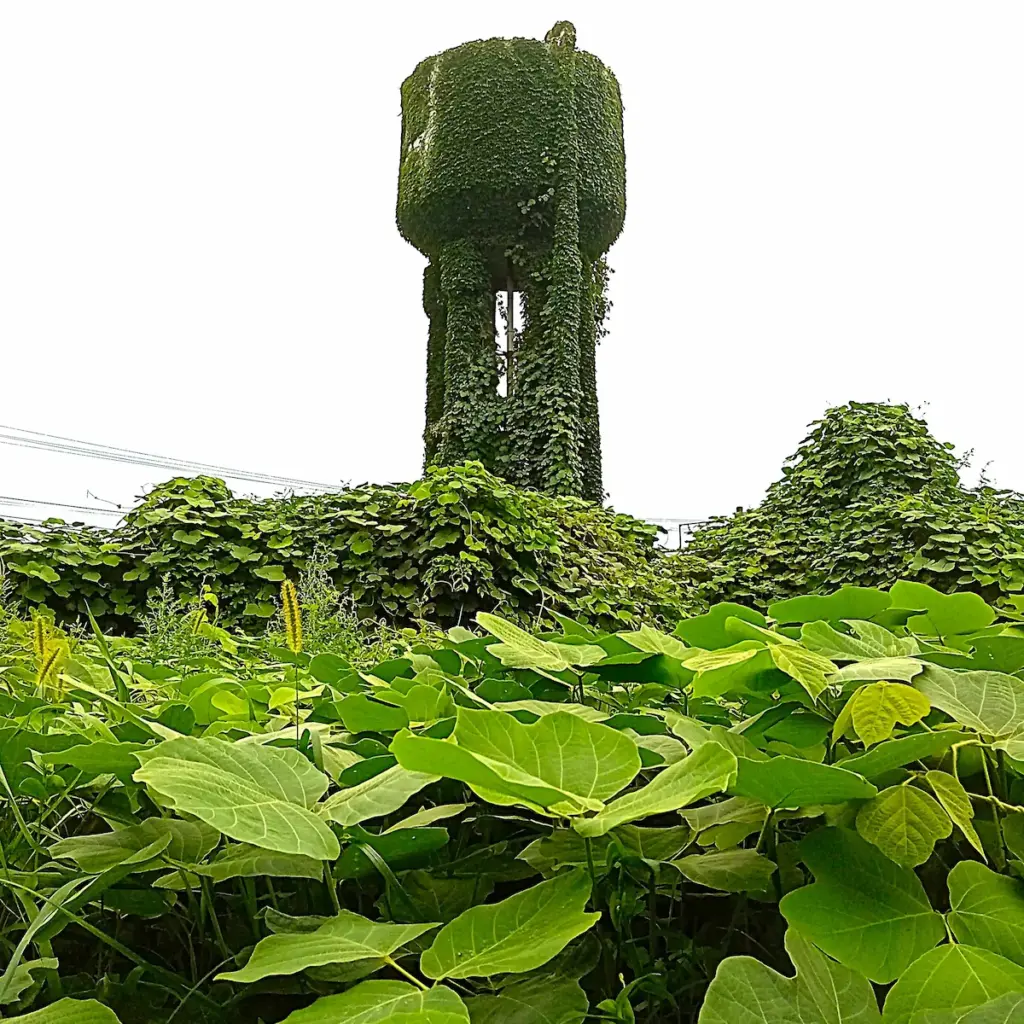 坂町園周辺にある給水塔。緑に覆われたその姿は、スタジオジブリのアニメに出てきた園庭のロボットのようにも見える。