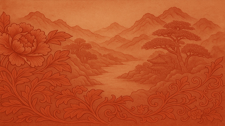 村上木彫堆朱をイメージした背景画像。唐草牡丹と山水図。