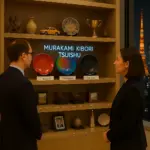 仮想2030年の東京・某国大使館のギフト棚に、村上の新作「堆虹」が飾られている。AI生成画像。