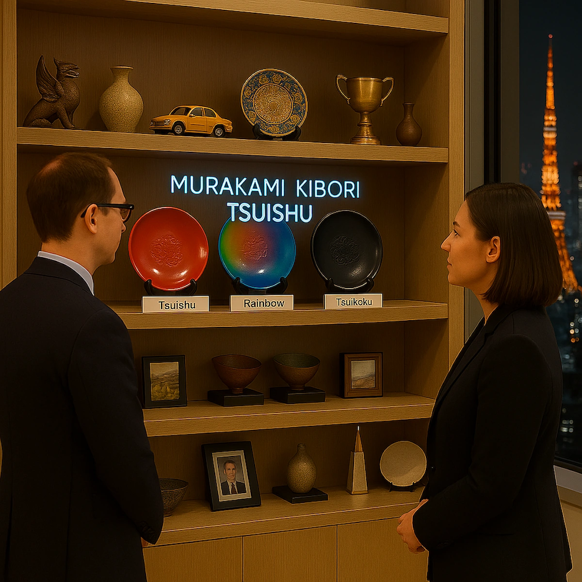 仮想2030年の東京・某国大使館のギフト棚に、村上の新作「堆虹」が飾られている。AI生成画像。