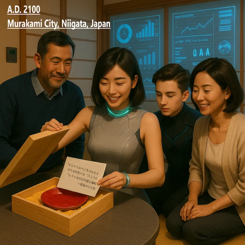 仮想西暦2100年、新潟県村上市の民家で家族が見守る中、曽祖父母が遺した村上木彫堆朱の誕生日プレゼントを開けて手紙を取り出したところ。AI生成画像。