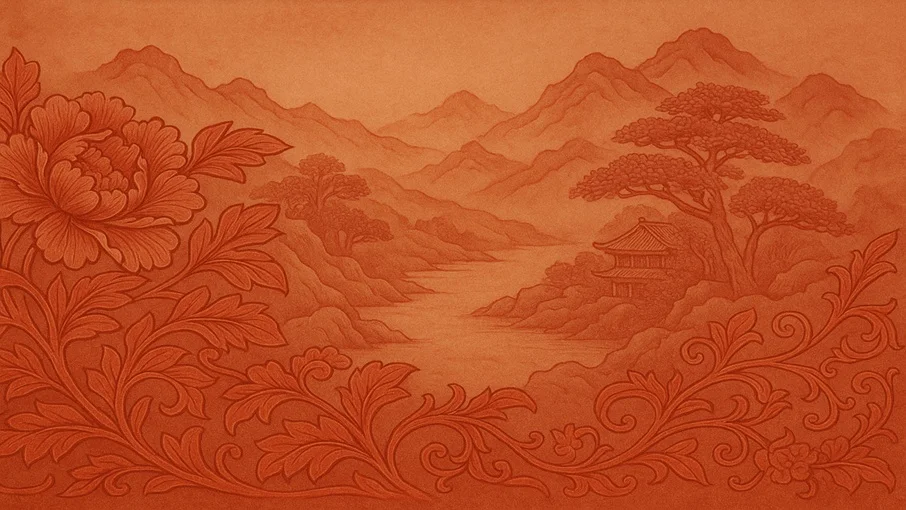 村上木彫堆朱をイメージした背景画像。唐草牡丹と山水図。