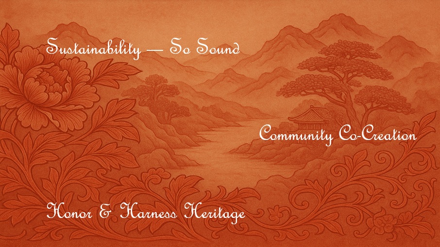 み喜森（Mikimori）運営者情報ページに表示。み喜森の理念である伝統への敬意と活用、地域社会との共創、健全な持続可能性をあしらった山水図