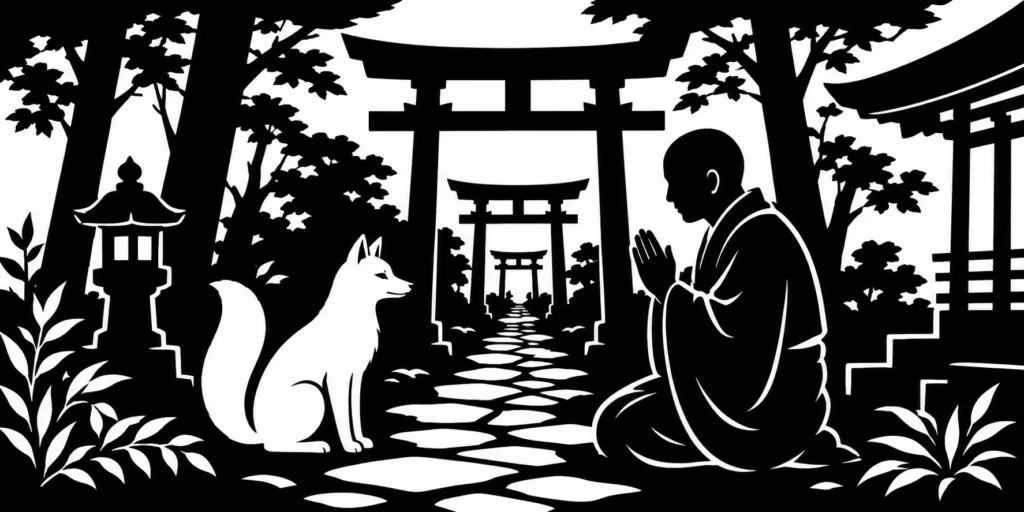 大友稲荷奥の院、由来の伝承を切り絵風に
※白狐伝承をもとにしたAI生成のイメージ画像です。実際の場面を再現したものではありません。